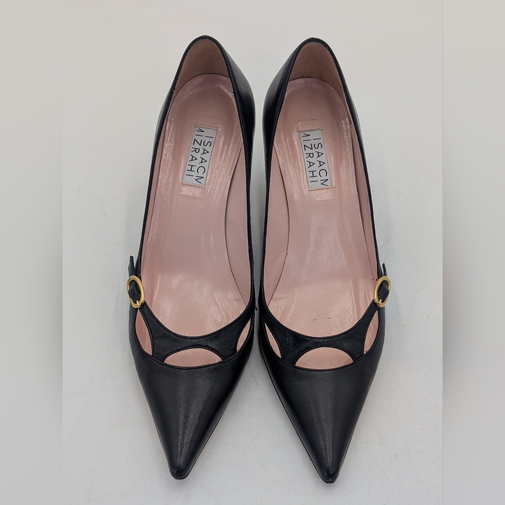 ISAACM MIZRAHI Size 7M Women Genuine Black Leather Heel Gold Buckle Pointed Toe - Picture 13 of 17